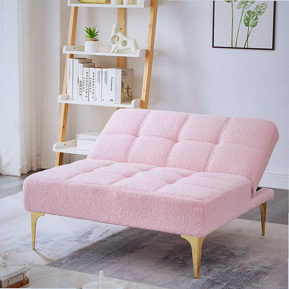 35.5" Sofa Bed Recliner Futon Teddy Fabric Gold Metal Legs Pink 1-Seater