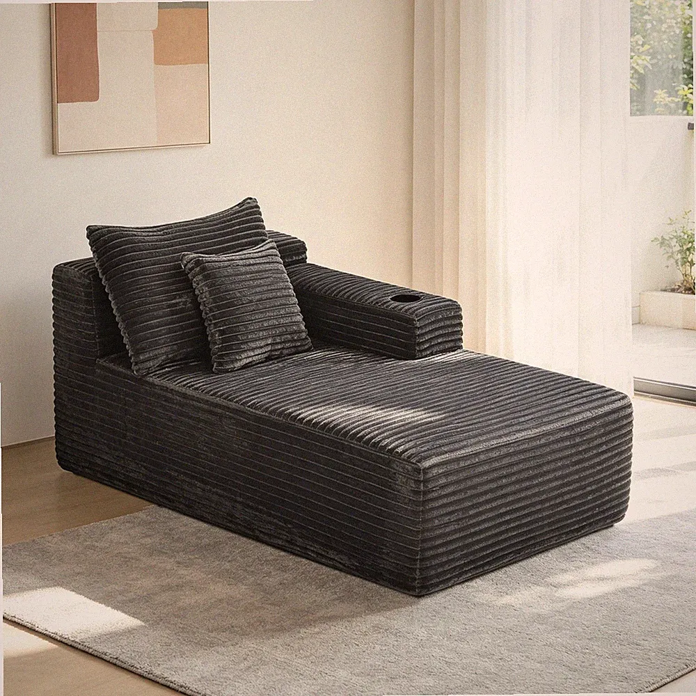 37.5-inch Right chaise longue w/plush grey velvet,cup holder,flexible matching,m