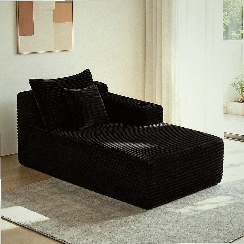 37.5" Right Chaise Lounge Sofa in Black Velvet for Living Room