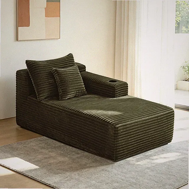 37.5" Right Chaise Lounge Sofa with Cup Holder, Green Plush Fabric