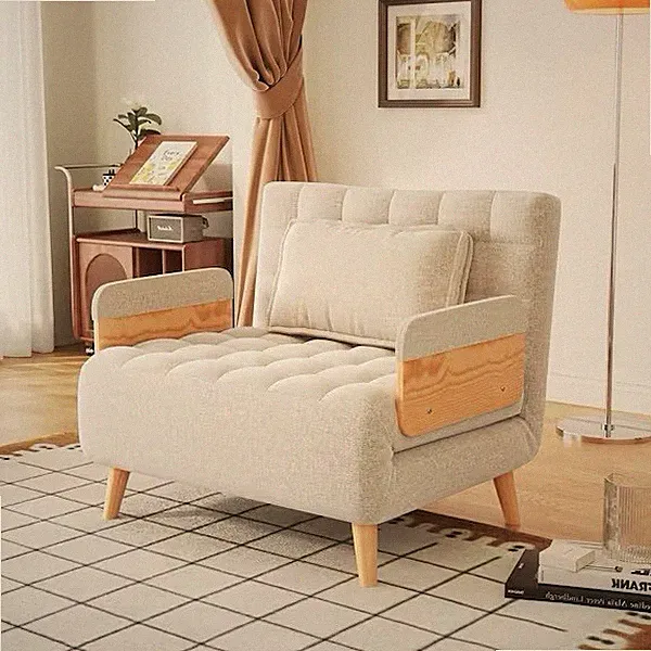 38.8 in. Beige Folding Linen Sofa Bed