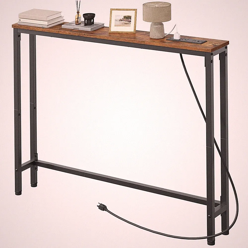 39.4 Inch Narrow Console Table with Power Outlets, 5.9 Inch Sofa Table with S...