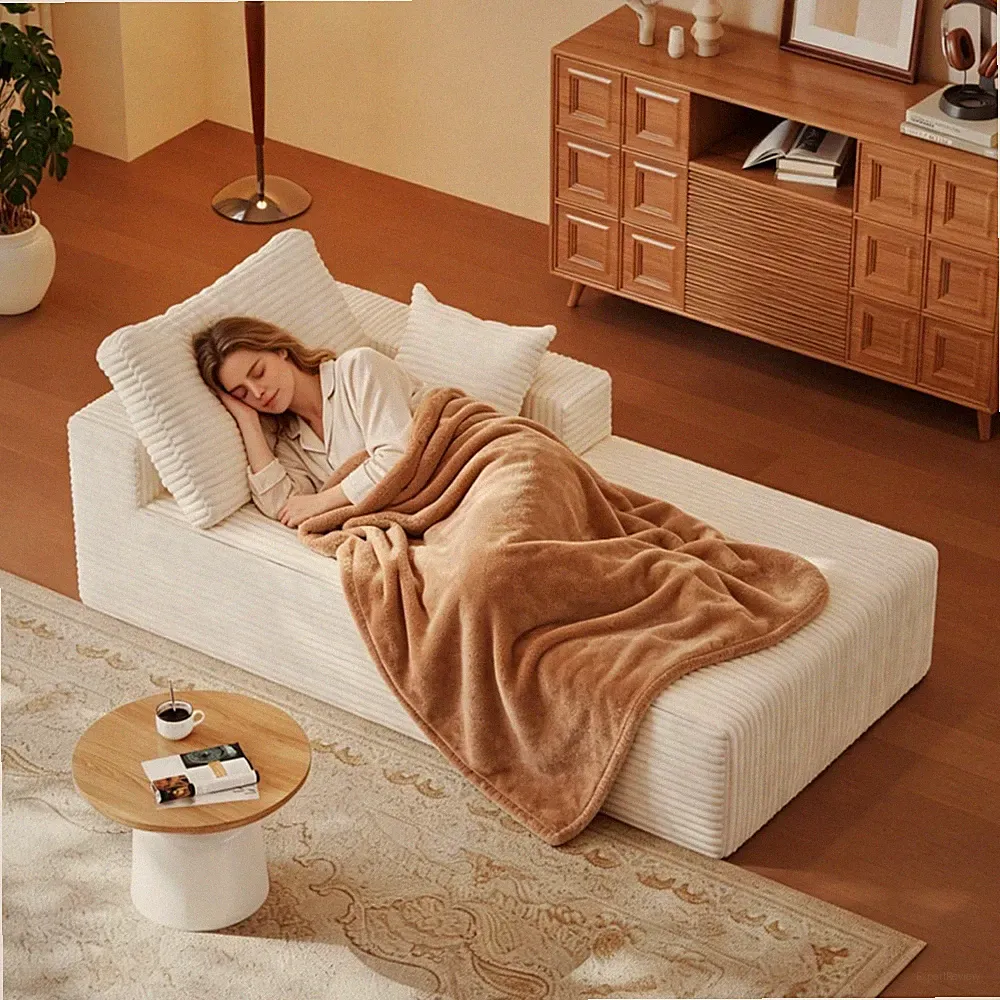 39" Flannel Rectangular Sofa Bed One-Piece Chaise Pillows Right Armrest White