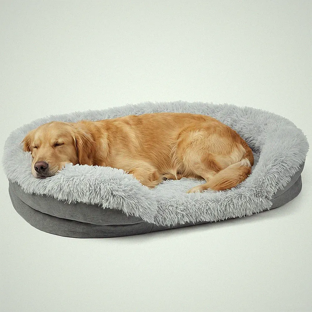 39" Oval Plush Dog Bed, Raised Bolster Neck Support Calming Pet Sofa Bed Grey