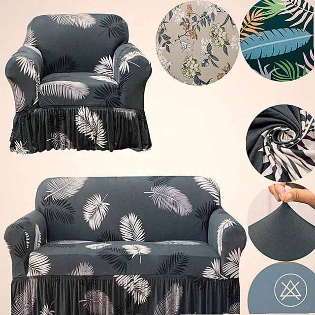 3D Bubble Stretch Couch Cover with Skirt Floral Printed Sofa Slipcover Protector