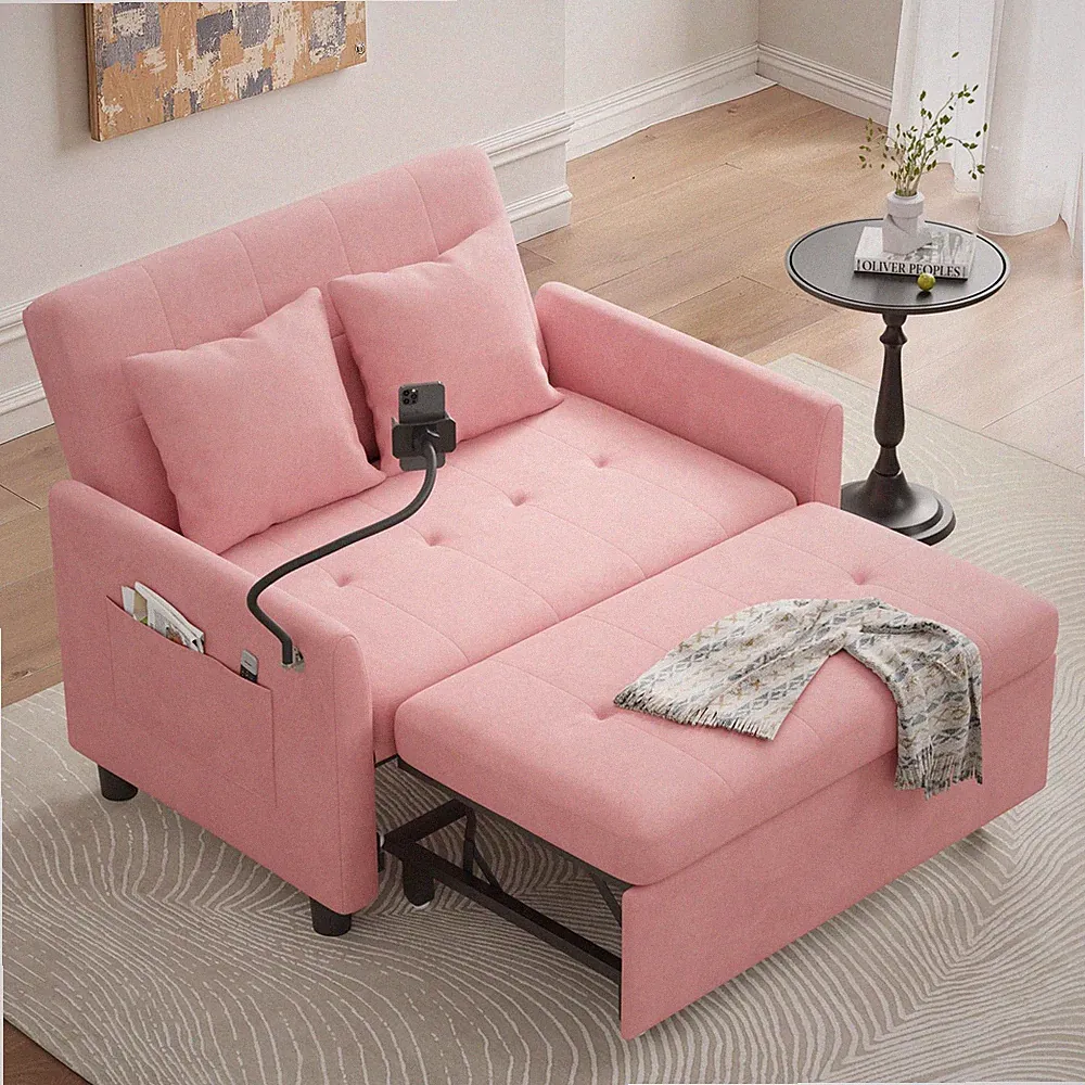 3in1 Convertible Sofa Bed Loveseat Futon 46" Velvet Pillow Phone Holder Pink