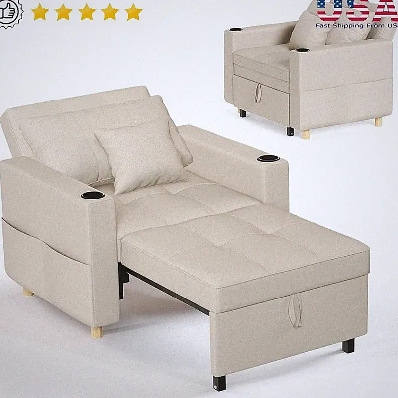 3in1 Convertible Sofa Chair Sleeper Bed Adjustable Recliner W/ Cup Holders New