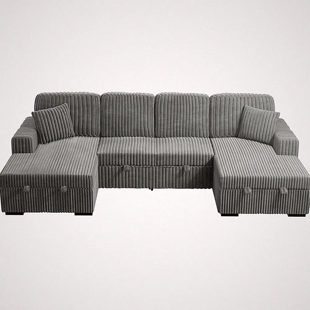 3pc Convertible Sectional Sleeper Sofa 2 Chaise Storage Smoke Corduroy