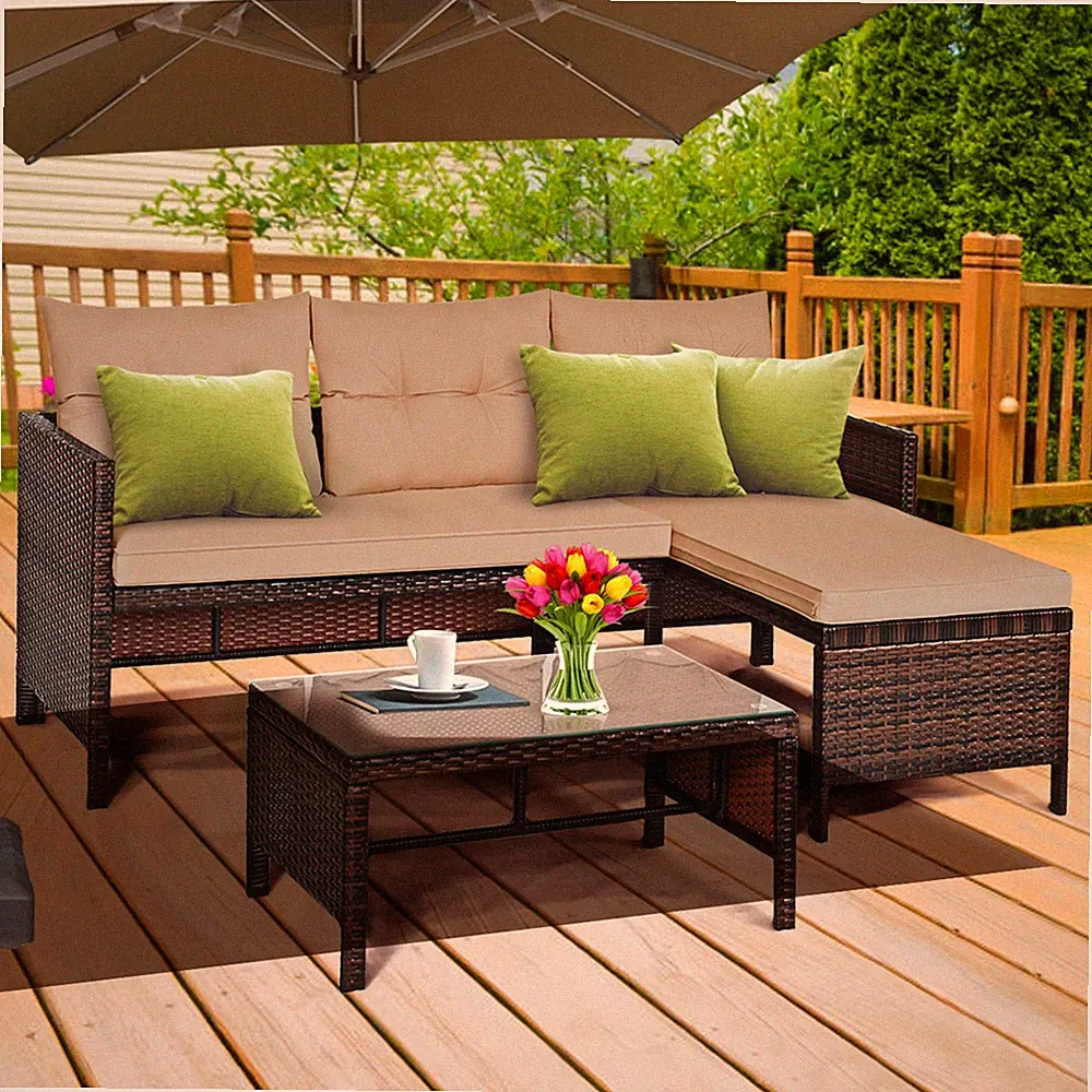 3PC Rattan Furniture Sofa Lounge Chaise Set Outdoor Patio Garden