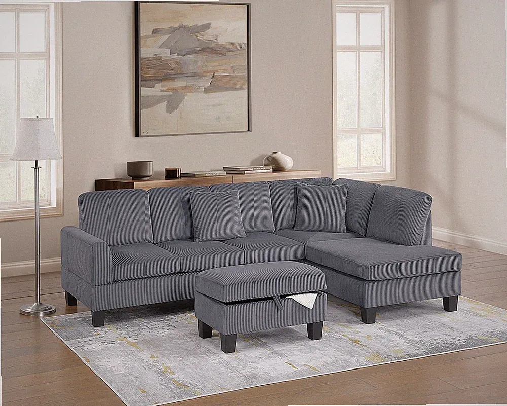 3pc Sectional Set RAF Chaise LAF Sofa Storage Ottoman Dark Gray Color Corduroy C