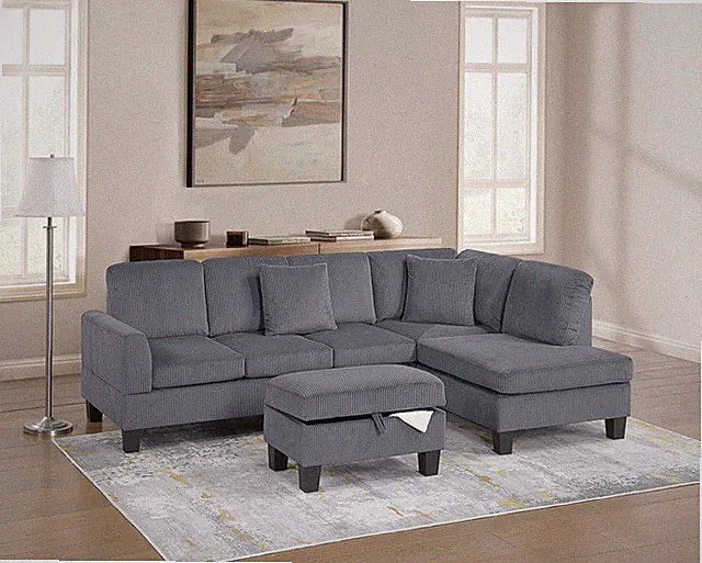 3pc Sectional Set RAF Chaise LAF Sofa Storage Ottoman Dark Gray Color Corduroy C