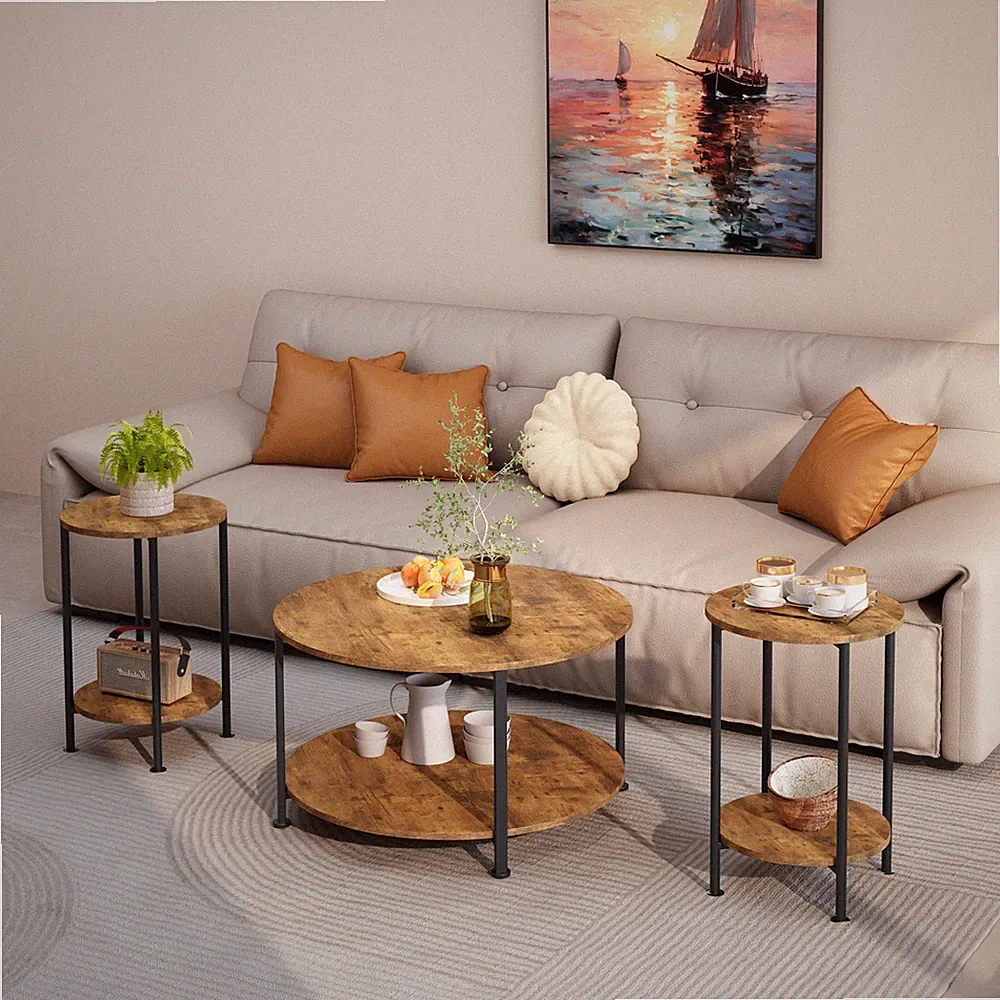 3pcs Coffee Table and End Table Sets for Living Room Large Storage Rustic Brown