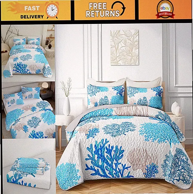 3pcs King Size Coastal Quilt Set - Soft Microfiber Beach Bedding, Reversible Nau