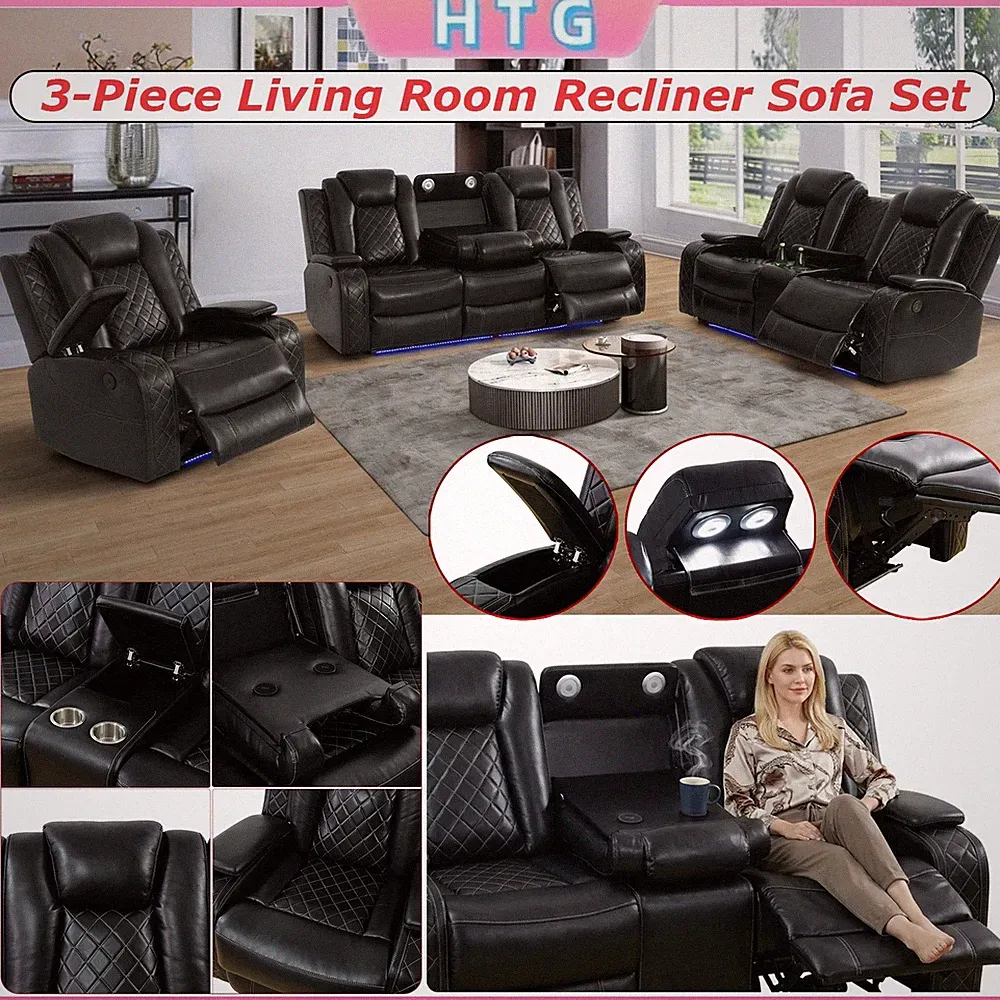 3PCS LED Electric Sofa Black Breathing Leather Living Room 5-Recliner Sofa Set