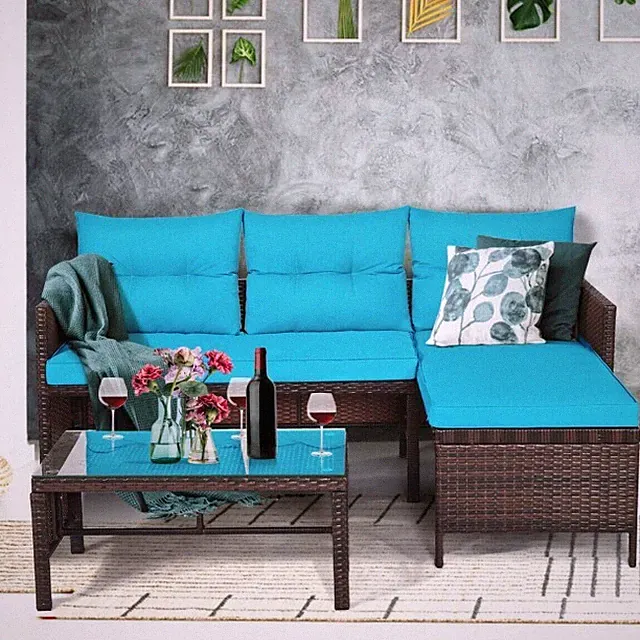 3PCS Outdoor Rattan Furniture Set Patio Couch Sofa Set with Turquoise Cushion