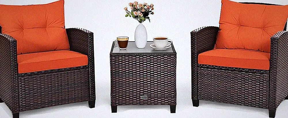 3PCS Outdoor Rattan Sofa Set with Washable Cushions & Glass Table - Orange