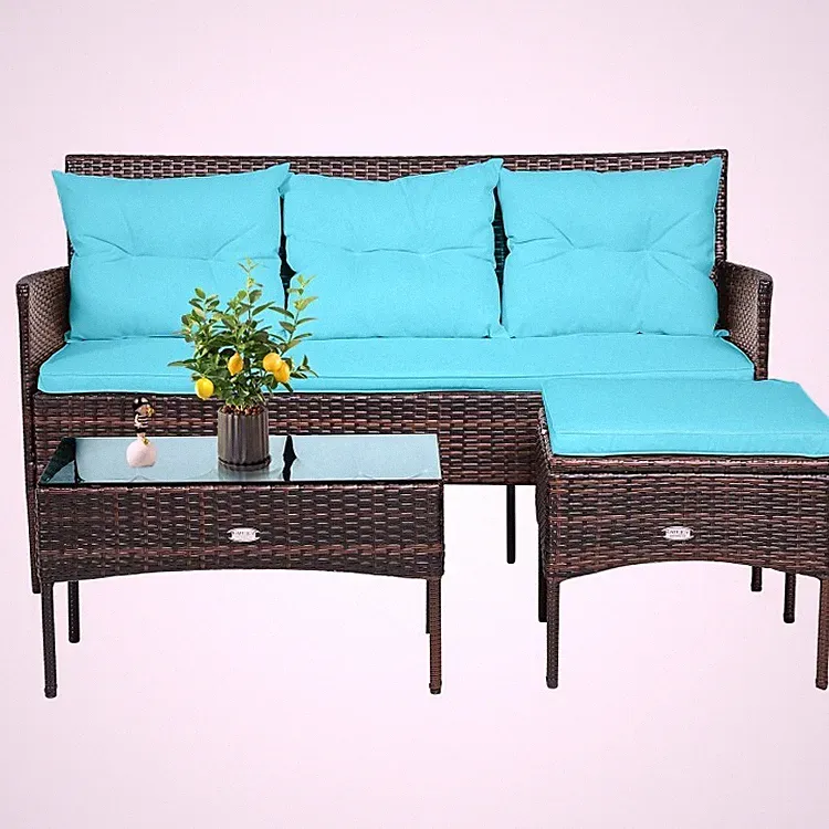 3PCS Patio Furniture Outdoor Rattan Sofa Sectional Conversation Set W/ Cushion