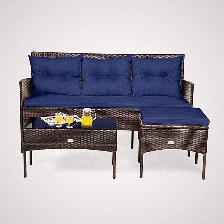 3PCS Patio Outdoor Furniture Sectional Sofa Set with Tempered Glass Coffee Table