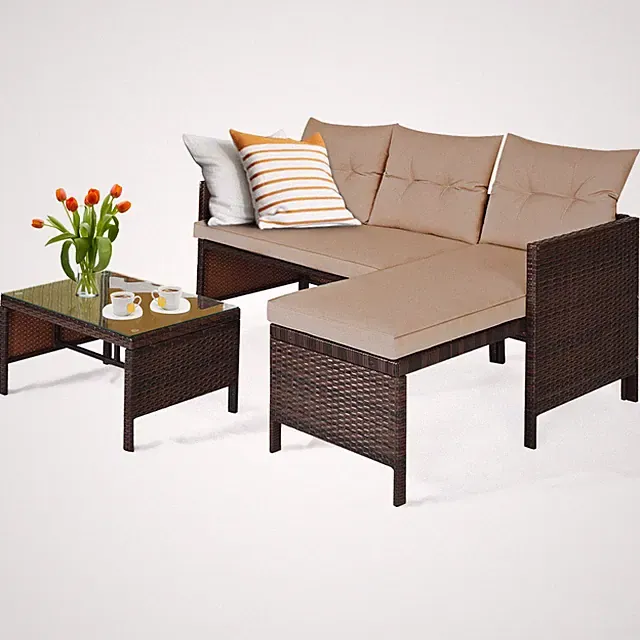 3PCS Patio Wicker Rattan Sofa Set Outdoor Sectional Conversation Set Garden Home