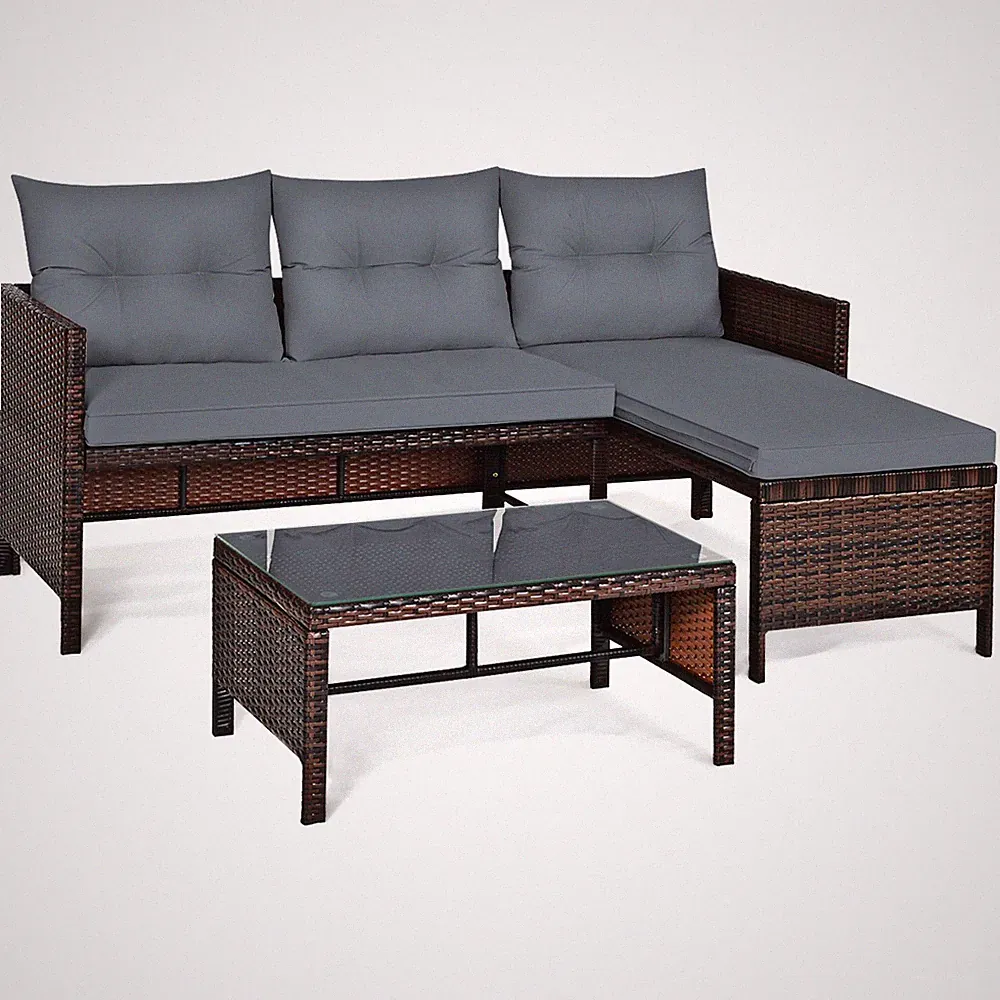 3PCS Patio Wicker Rattan Sofa Set Outdoor Sectional Conversation Set Lawn Garden
