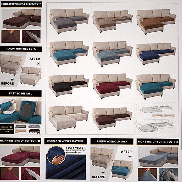 3PCS Velvet Sectional Couch Covers Stretch L Shape Sofa Cover Separate Cushion