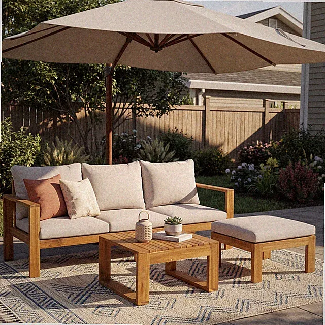 3Piece Acacia Wood Patio Furniture Set Outdoor Sectional Sofa Set W/Coffee Table