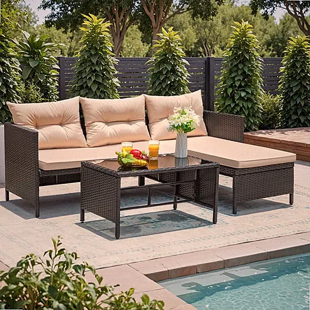 3Piece Outdoor Wicker Sectional Sofa Set with Cushions & Coffee Table