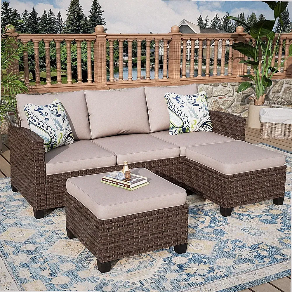 3Piece Rattan Patio Furniture Set Outdoor Wicker Rattan Sectional Sofa w/Ottoman