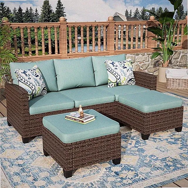 3Piece Rattan Patio Furniture Set Outdoor Wicker Rattan Sectional Sofa w/Ottoman