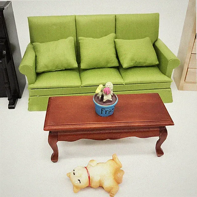 4 Color 1:12 Scale Dollhouse Miniature Wooden Three-seater Sofa Pillow Furniture