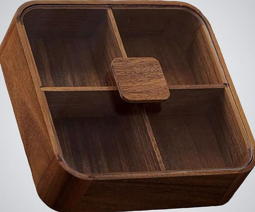 4-Compartment Walnut Serving Tray with Lid for Snacks & Decor