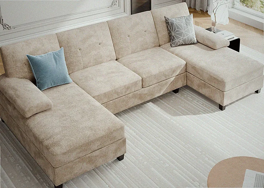 4 for Seat U Shaped Sectional Sofa Double Chaise Lounges Light Beige