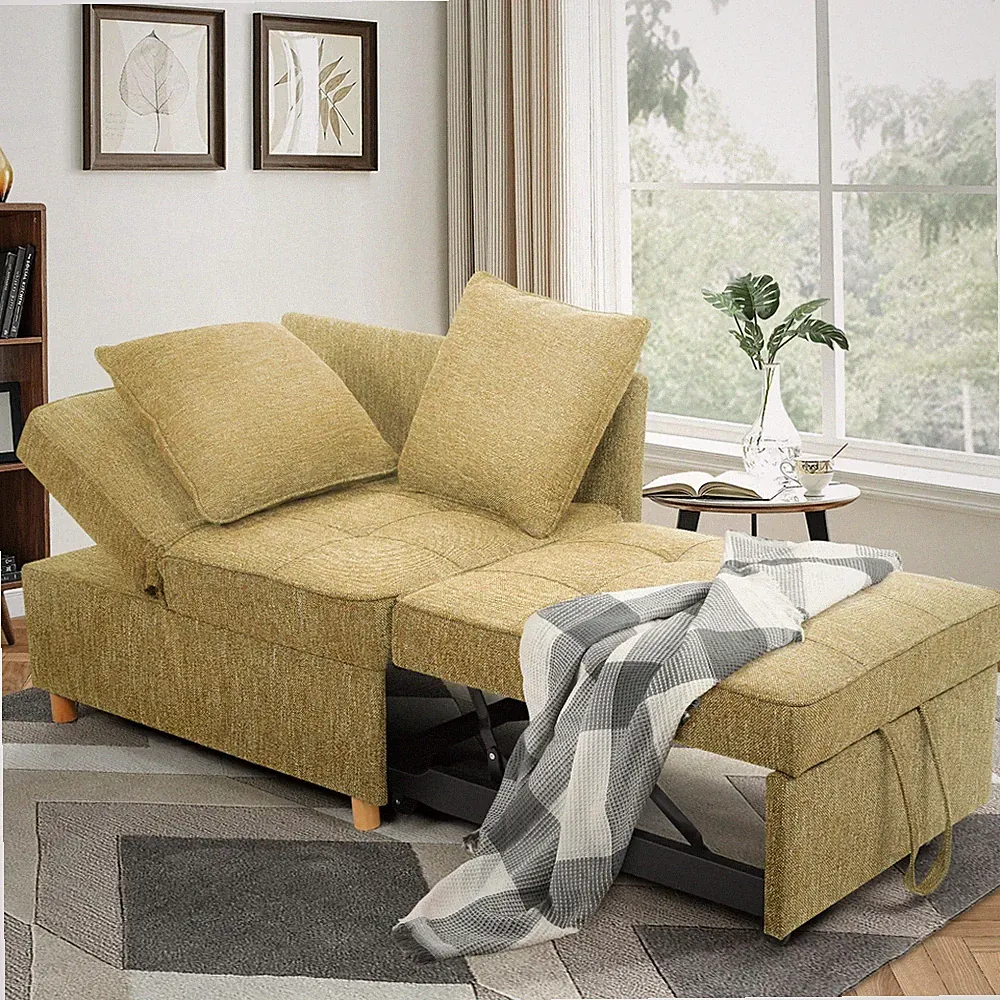 4-in-1 Convertible Chair Bed, 3-Seat Linen Fabric Loveseat Sofa w/2 Pillows NEW!
