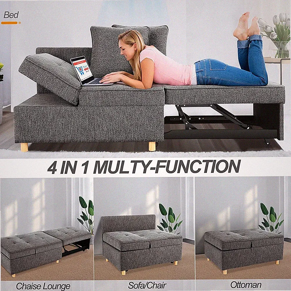 4-in-1 Convertible Chair Sofa Bed 2 Throw Pillow Single Recliner for Small Space