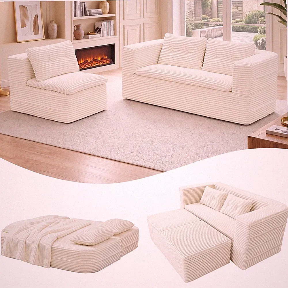 4 in 1 Convertible Futon Sofa Bed 80" King Size Deep Seat Couch+Chaise Blanket