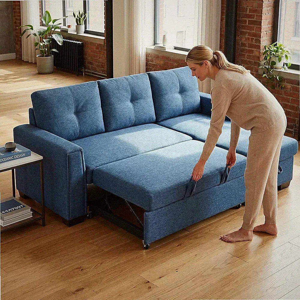 4-In-1 Convertible Sleeper Sofa Bed with Pull Out Bed, 92" L-Shaped Sofa Bed wit