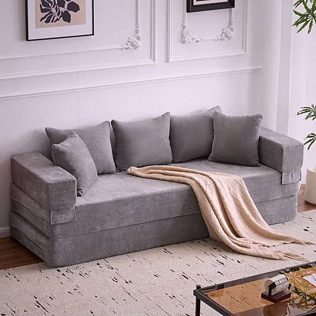 4-in-1 Convertible Sofa Bed with Armrest & Pillows - Grey Futon