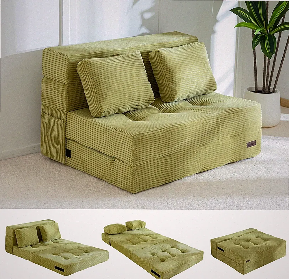 4-in-1 Convertible Sofa Bed with Pillow, Tufted Green Loveseat Sleeper