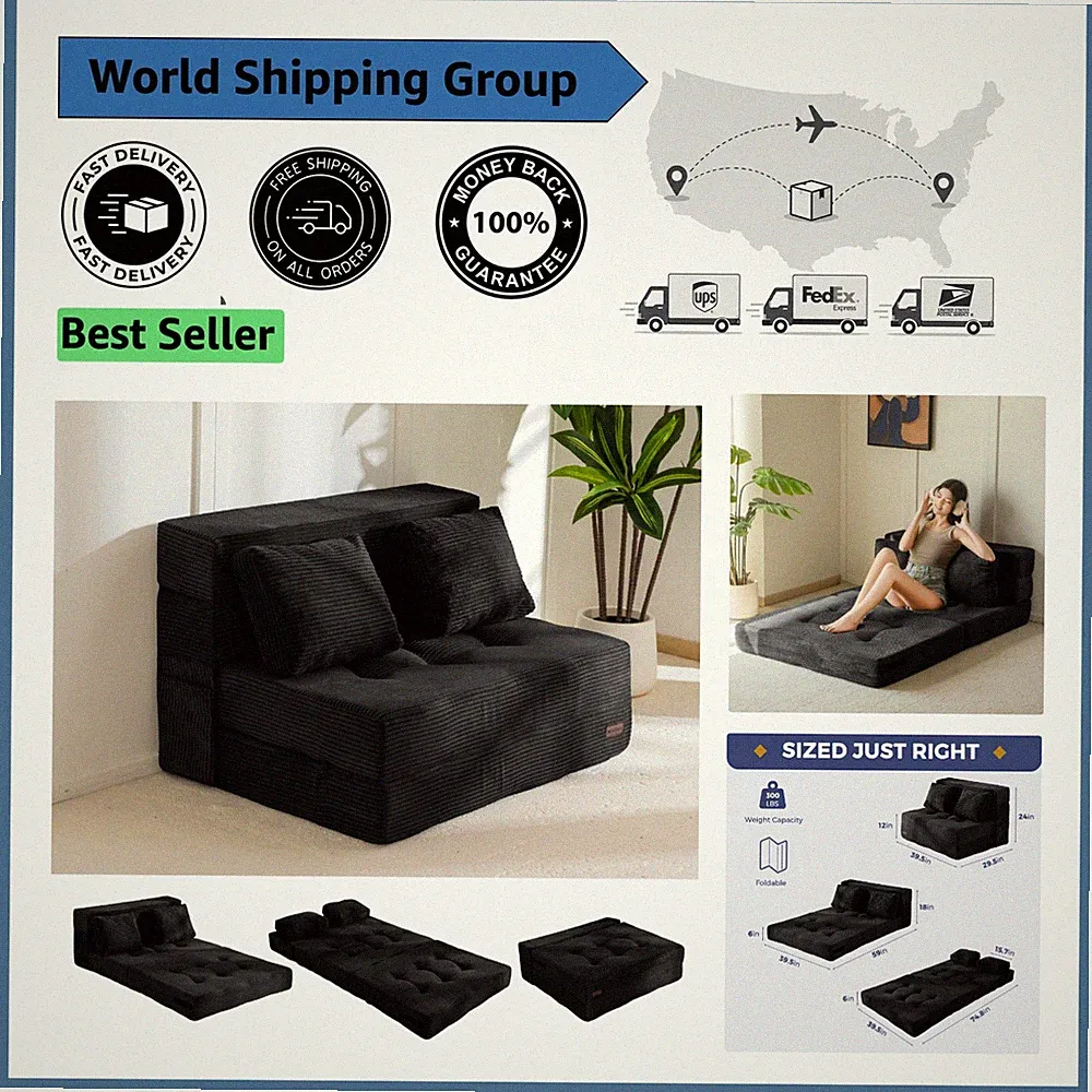 4-in-1 Convertible Sofa Bed with Tufted Design & Pillows in Black - Firm Comfort