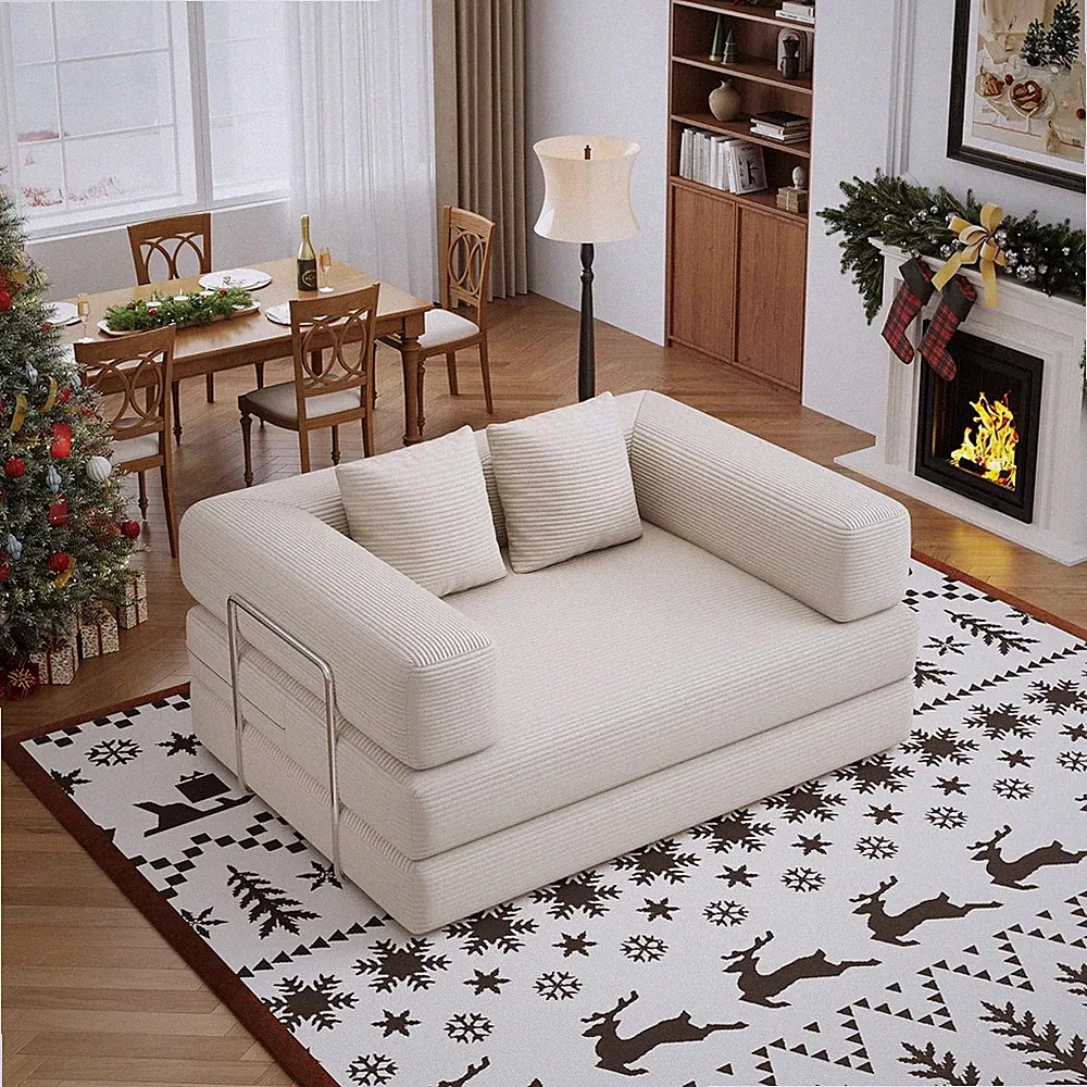 4 in 1 Convertible Sofas Boneless Couches W/ 2 Pillow Modern Corduroy Futon Bed