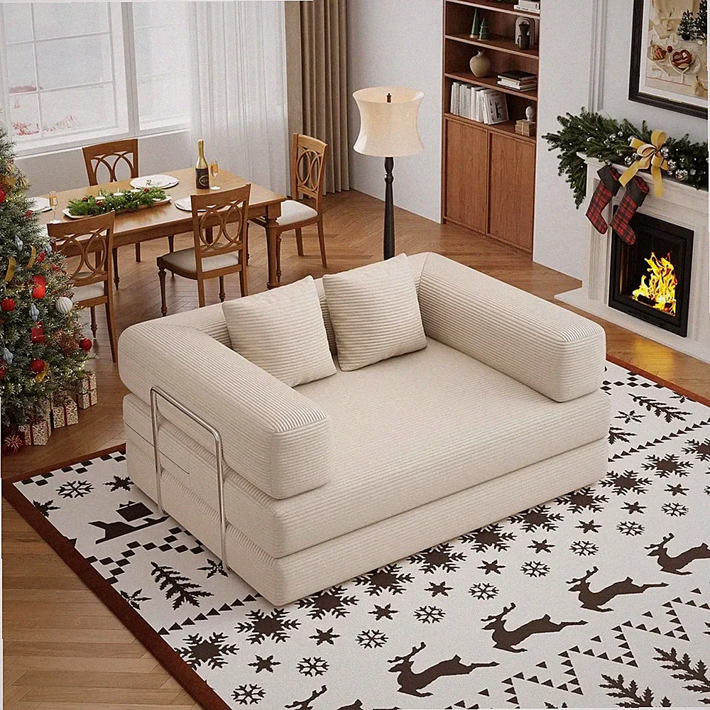 4 in 1 Convertible Sofas Boneless Couches with 2 Pillow Modern Corduroy Futon