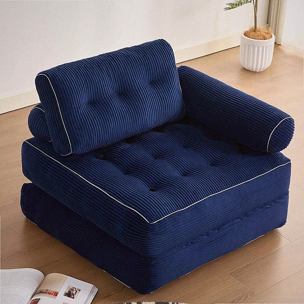 4-in-1 Folding Sofa Bed Convertible Floor Chair Couch Navy Corduroy Modular