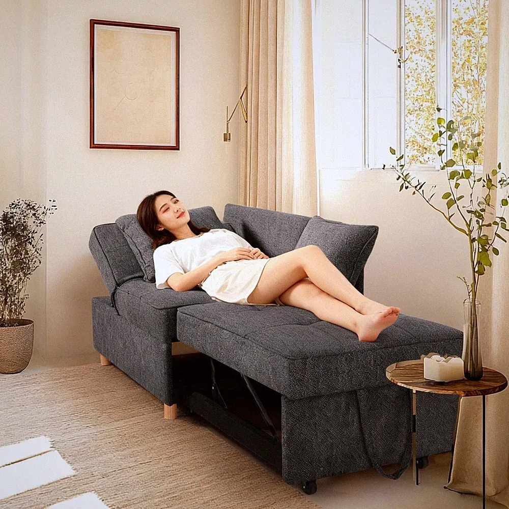 4-in-1 Sofa Bed Convertible Futon Sofa with 2 Throw Pillows &Adjustable Backrest