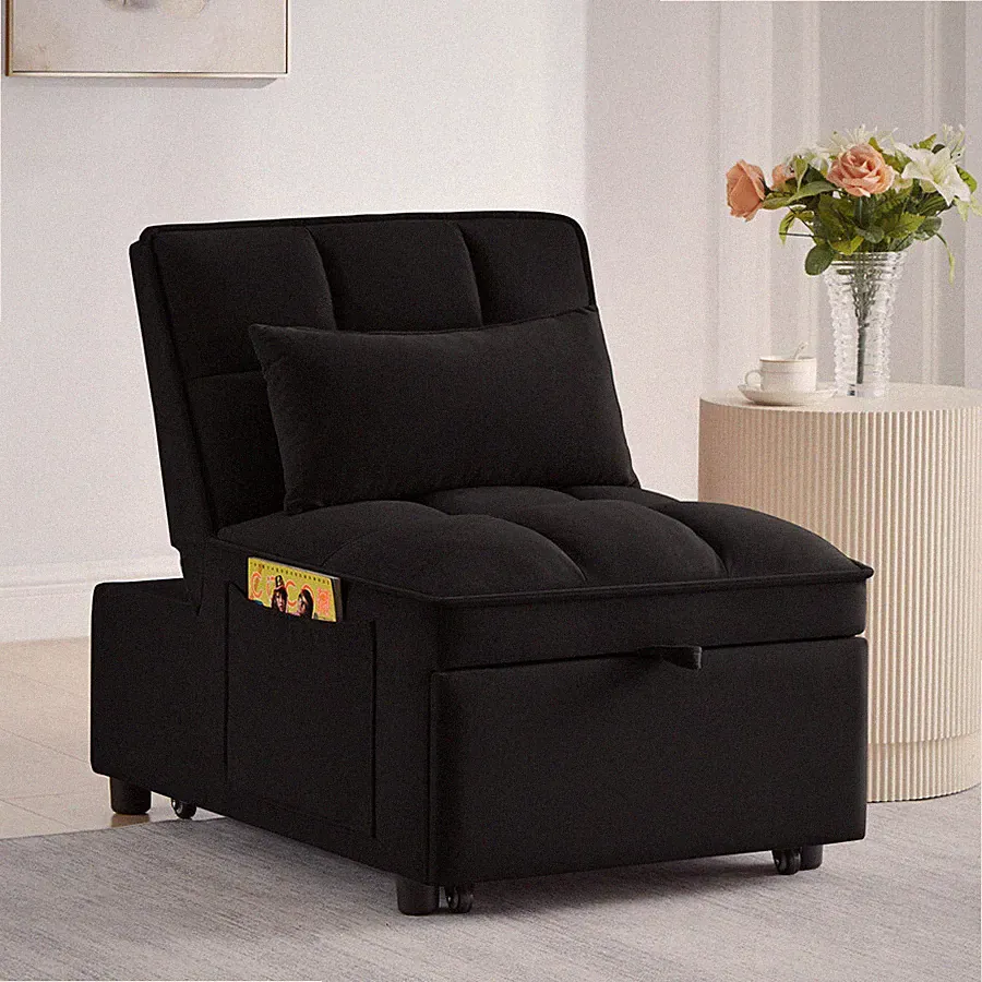 4 in1 Multi-Function Single Sofa Bed with Storage Pockets,Tufted Single Black