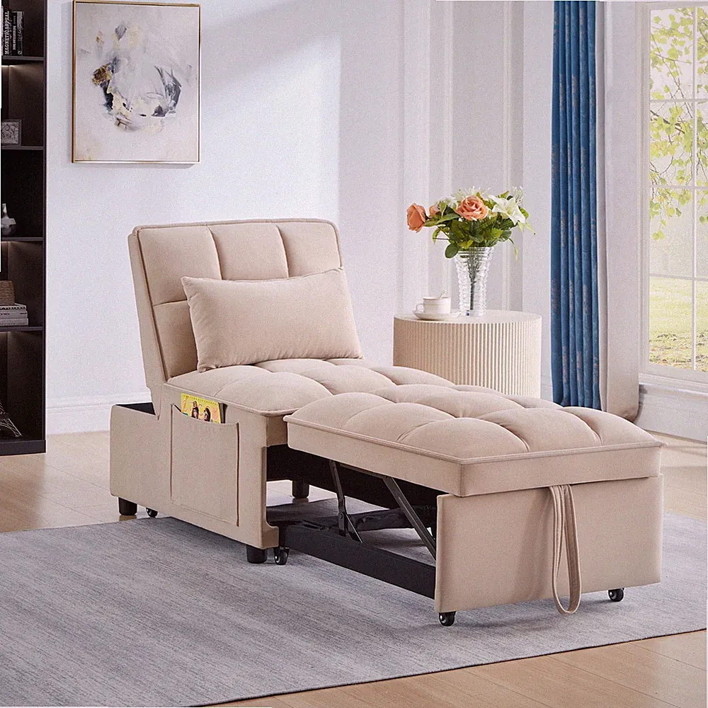 4 in1 Multi-Function Single Sofa Bed with Storage Pockets,Tufted Single Pull