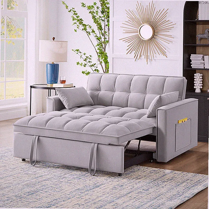 4 in1 Multi-Function Tufted Pull-out Sofa Bed with Adjustable Backrest & Pillows