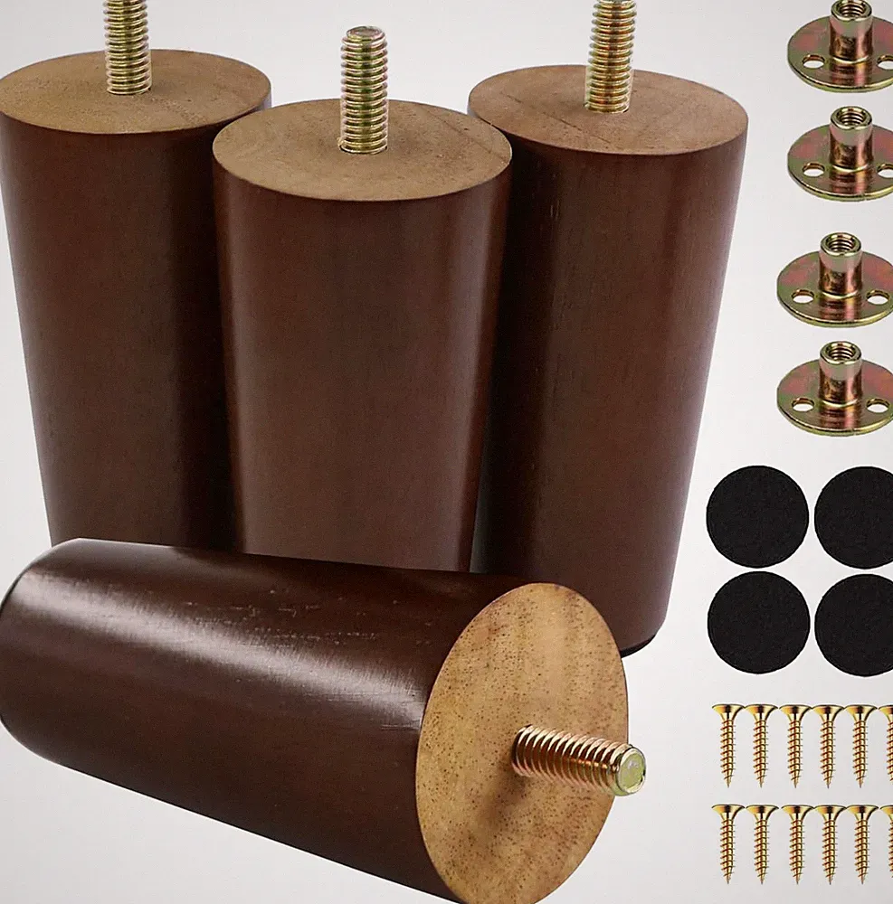 4 Inches round Solid Wood Furniture Legs Set of 4, Brown Wooden Replacement Feet