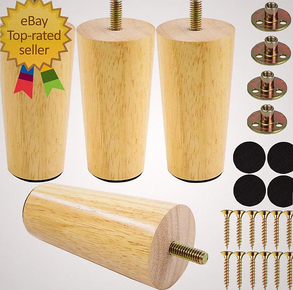 4 Inches round Solid Wood Furniture Legs Set of 4 Natural Wooden Feet with 5/1