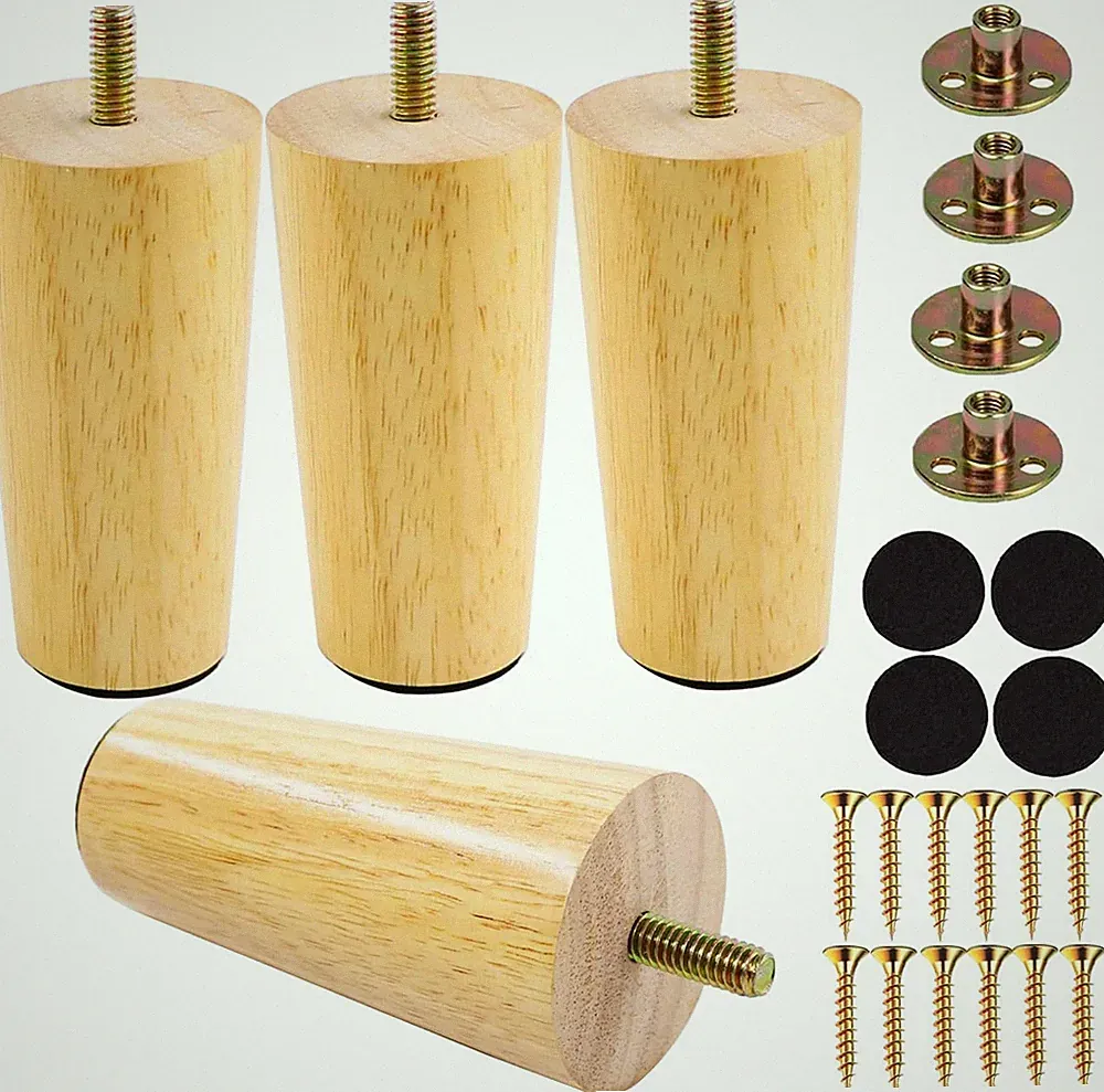 4 Inches round Solid Wood Furniture Legs Set of 4, Natural Wooden Replacement Fe
