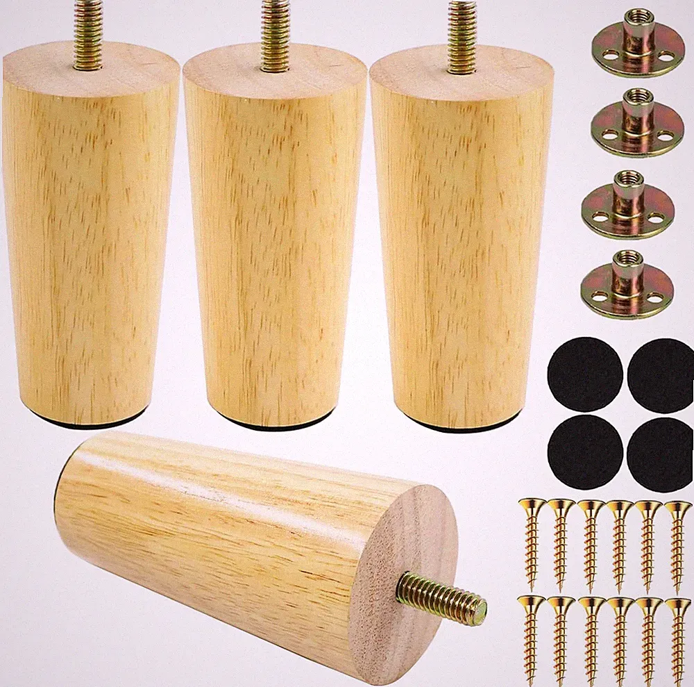 4 Inches Round Solid Wood Furniture Legs Set of 4, Natural Wooden Replacement Fe